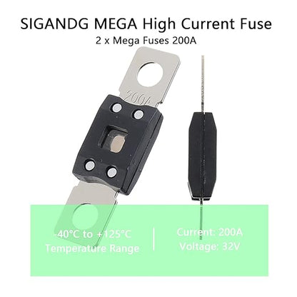 200A MEGA High Current Fuse - 200 Amp Bolt-on Fuse for Cars, Trucks, Construction Vehicles, Buses, Caravans (2 Pcs)