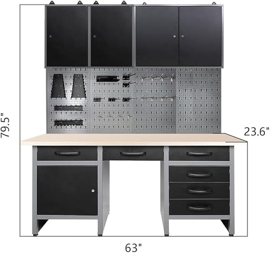 JZD Metal Garage Cabinet Combo Set with Wood Worktop, for Auto Repair Shops, Retail Backrooms