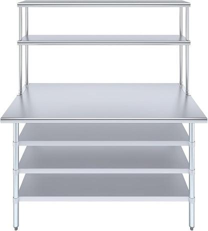Amgood 30" x 60" Stainless Steel Work Table with 3 Shelves and 18" Wide Double Tier Overshelf | Metal Kitchen Prep Table & Shelving Combo | NSF