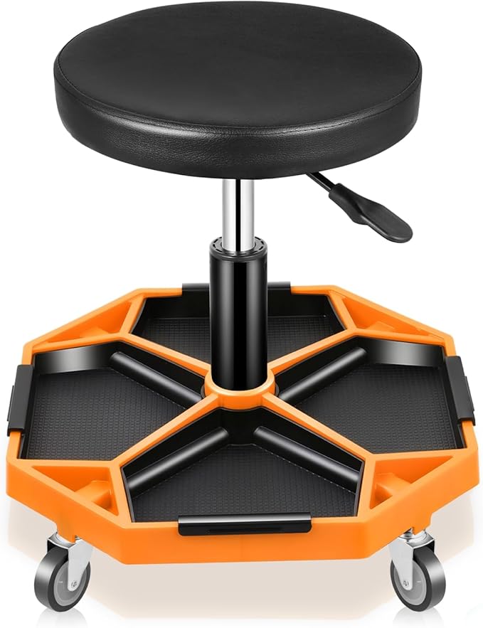Auto Dynasty Mechanic Stool, Adjustable Rolling Pneumatic Creeper Garage Shop Seat with Tool Tray, 300 LBS Roller Seat for Workshop Auto Repair, Adjustable Height 15.7" to 21", Orange