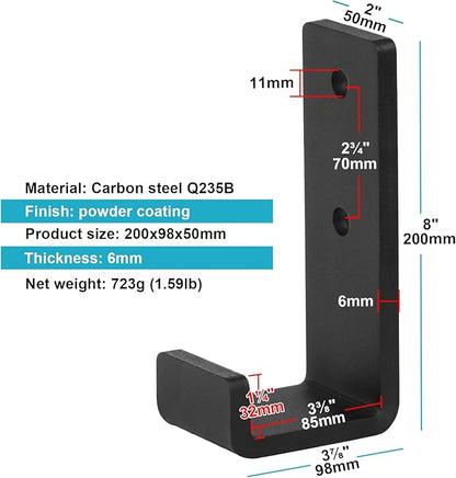 2 Pack 8" Black Steel J Hook, Extra Heavy Duty Wall Mount Utility Hook, Load 330 lbs, 1/4" Thick