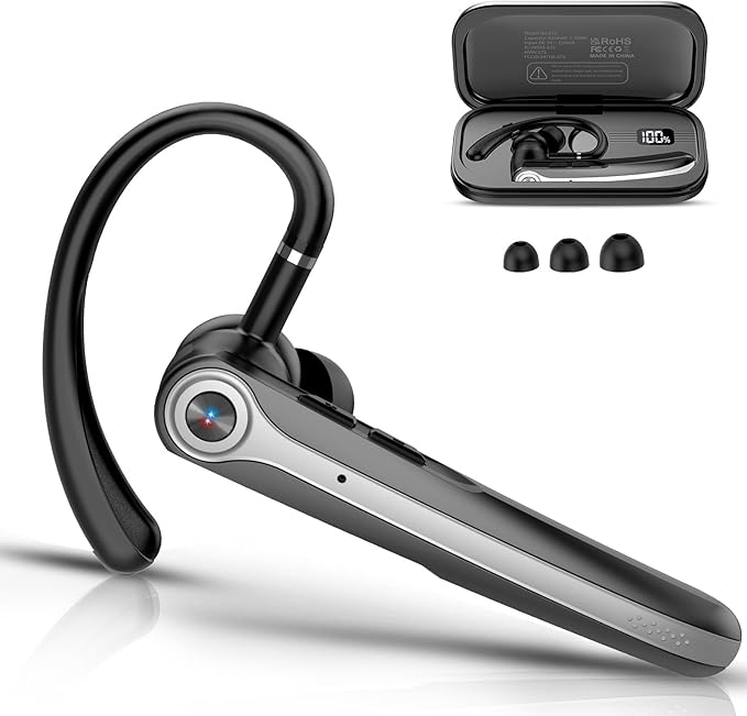 Bluetooth Headset, Wireless Bluetooth Earpiece with ENC Noise Canceling Mic, 120Hrs Talk Single-Ear Headphones, LED Display, IPX7 Waterproof Hand-Free Earphone for Business/Trucker/Driver, Blcak