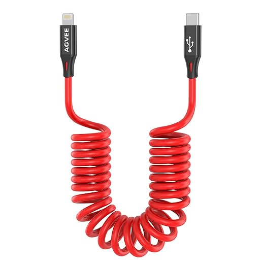 AGVEE 3ft Coiled Short USB-C to Lightning Charging Cable [MFI Certified] 30W PD Fast Charger Cord in Car for iPhone 14/13/12/11/XS/8/7/6/5 CarPlay, iPad, iPod, Red