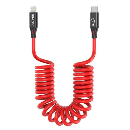 AGVEE 3ft Coiled Short USB-C to Lightning Charging Cable [MFI Certified] 30W PD Fast Charger Cord in Car for iPhone 14/13/12/11/XS/8/7/6/5 CarPlay, iPad, iPod, Red
