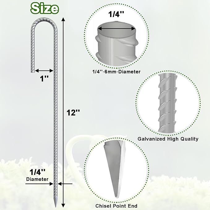 VVOKGO Rebar-Stakes-12-Inch J Hook Galvanized Tent Stakes Heavy Duty, 4-Pack Ground Chain Link Fence Anchors with Chisel Point End for Gazebo Bounce House, Camping Tents, Outdoor Inflatable Decoration