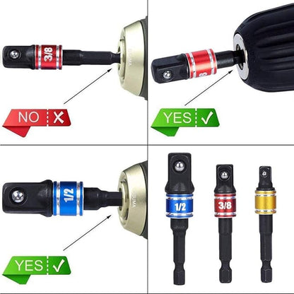 Socket Adapter Extension Set, 1/4, 3/8, 1/2 Inch Hex Shank, Impact Grade, Power Drill to Socket Converter, 3-Piece (Black)