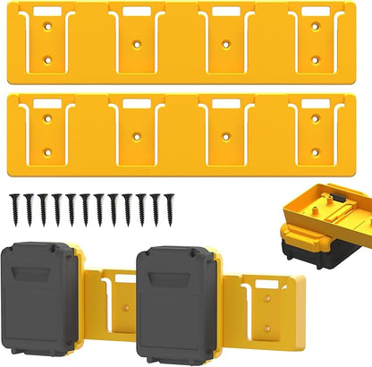 Battery Rack Compatible with DeWalt 20V Battery Holder, Mount 4 Slot Bulk Battery Garage Tool, Tools for Dewallt 20v, Wall Display Hook Holder (Yellow-2pc)