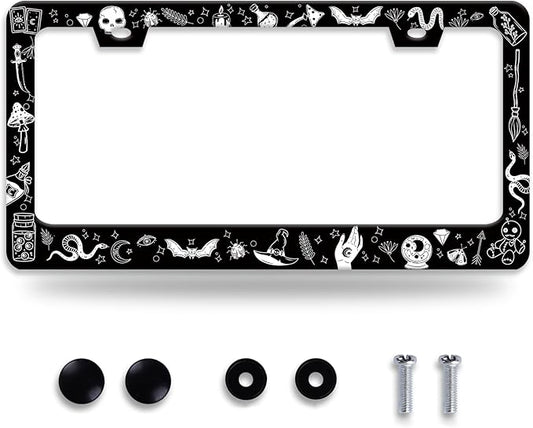 Witch License Plate Frame Gothic Magical License Plate Frames for Car Decorative Parts Stainless Stee License Plate for Standard Us Canada Funny License Plate Holder 12x6 Inch