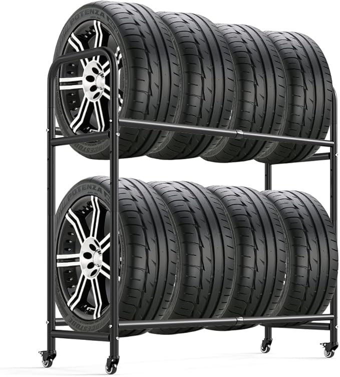 Hershii Tire Storage Rack Standing Garage Storage Shelf Organizer for Indoor Outdoor Use, Rolling Tire Rack Adjustable - Black 24.80-42.51'' X 15.35'' X 44.09''