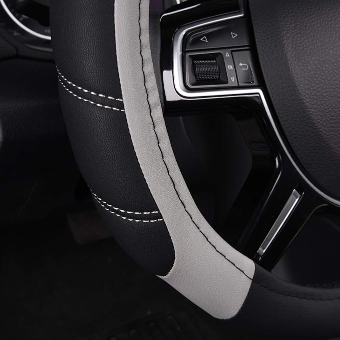 CAR PASS Line Rider Microfiber Leather Sporty Steering Wheel Cover Universal Fits for 95% Truck,SUV,Cars,14.5-15inch Anti-Slip Safety Comfortable Desgin (Black-Gray)