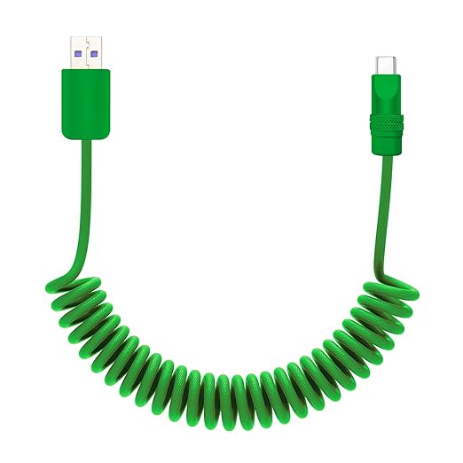 chubbycable Curly Chubby - Retractable Fast Charging Cable 240W Coiled Charger Cord for Car Durable USB-C Cable for Phones, Tablets and More, Green+Green, USB-A to Type-C, 1.3FT-2.3FT