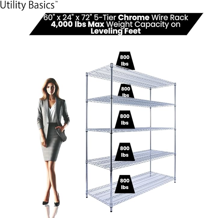60"x24"x72" Chrome 5-Tier PREMIUM Wire Shelving NSF 4000 LBS MAX CAPACITY Heavy Duty Steel Storage Rack for Warehouses, Garages, Hospitals, Commercial Spaces, & Schools w/PREMIUM WHEELS