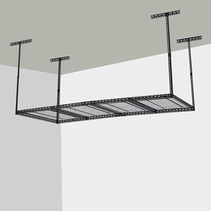 Overhead Garage Storage Rack, Heavy Duty Ceiling Storage Racks for Garage, Adjustable Height, 660LBS Weight Loading,4x8 FT Hanging Organizer Shelving for Warehouse Basement, Black