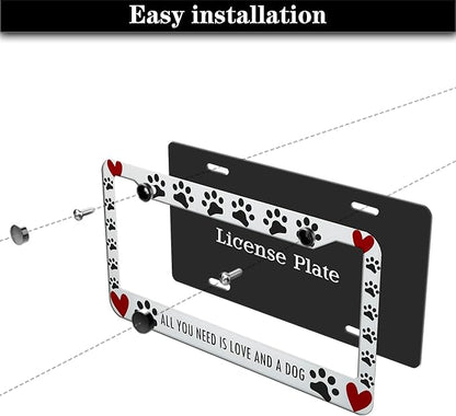 License Plate Frames Black, White, and Red License Plate Frame All You Need is Love and a Dog Universal Aluminum Car Accessory 2 Pack with Screw Covers Set