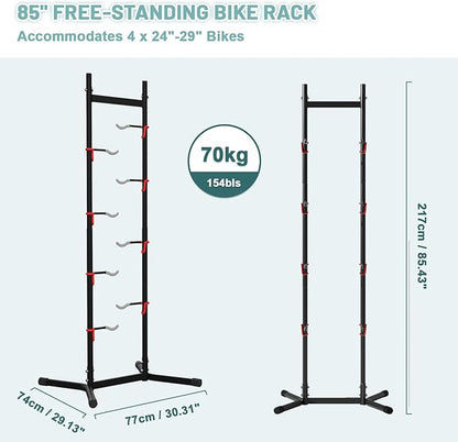 Urban Deco 2-4 Bike Storage Rack Garage Max154lbs, Freestanding Indoor Bike Rack with Adjustable Hooks, Vertical Bike Floor Stand for Road, Mountain and Hybrid Bike, Black