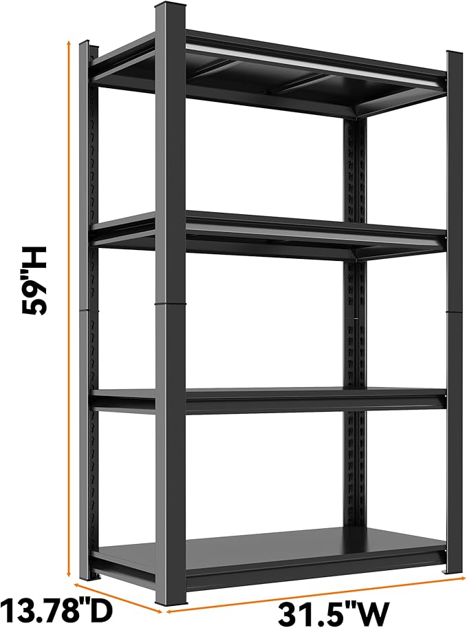 59''H Garage Shelving Heavy Duty Rack, 2400 LBS Large Capacity 4 Tier Adjustable Storage Shelves, Metal Industrial ShelvingUnits for Garage, Basement and Warehouse, 59''H×31.5''W×13.78''D, Black