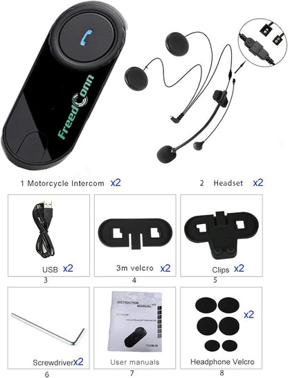 FreedConn Motorcycle Bluetooth Headset, TCOM VB 2-Way 800M Helmet Communication Systems,Motorbike Bluetooth Intercom, intercomunicador para motos/FM/BT5.0/Siri/2 in 1 Mic for full/3/4 Helmet(2Pack)