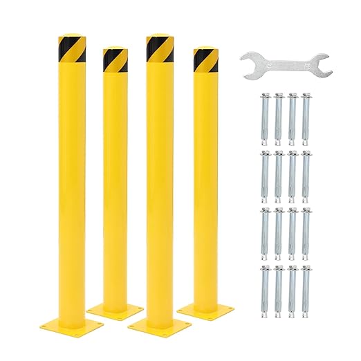 4-Pack Heavy Duty Safety Bollards, 48" Height, 4.5" Diameter Steel Pipe Bollard Post with 16 Anchor Bolts, High-Visibility Yellow Parking Bollard for Traffic Control, Warehouses, & Pedestrian Safety