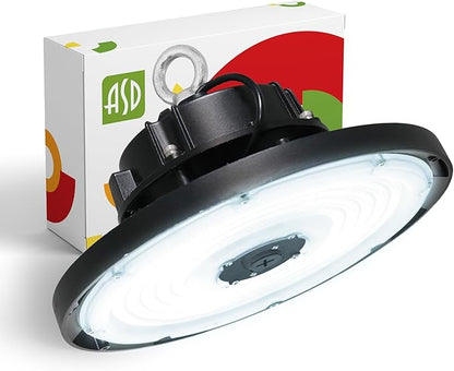 ASD LED High Bay UFO Light Fixture, Commercial Shop Lighting | Dimmable, IP69K Waterproof, DLC Premium, UL Listed | 150W 22000LM 5000K 277-480V | Warehouse, Garage, Workshop, Barn Lamp | Black