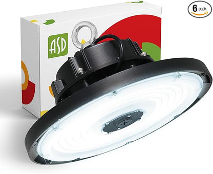 ASD LED High Bay UFO Light Fixture, Commercial Shop Lighting | Dimmable, IP69K Waterproof, DLC Premium, UL Listed | 150W 22000LM 5000K 277-480V | Warehouse, Garage, Workshop, Barn Lamp | Black, 6 Pack