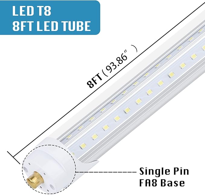 12 Pack, 100W 8ft Led Bulbs, 100lm 6000k 8' Led Bulbs, V Shaped Clear Cover T8 Led Tube Lights 8ft, T8 Led Bulbs 8 Foot, 8' Led Replacement for T8 T10 T12 F96t12 Fluorescent Tubes
