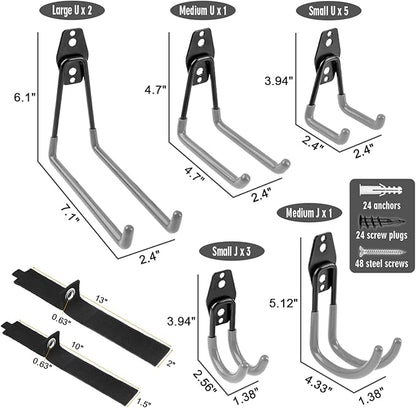 Garage Hooks Heavy Duty 14 Pack, Steel Garage Storage Hooks, Tool Hangers for Garage Wall Utility Wall Mount Garage Hooks and Hangers with Anti-slip Coating for Garden Tools, Ladders, Bulky Items