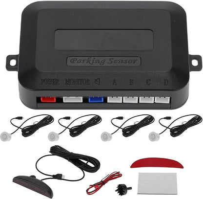 Motoforti Universal Car Auto Vehicle Reverse Backup Radar System Reverse Parking Sensors Alarm Buzzer Reminder Distance Detection Silver Tone 4Parking Sensors