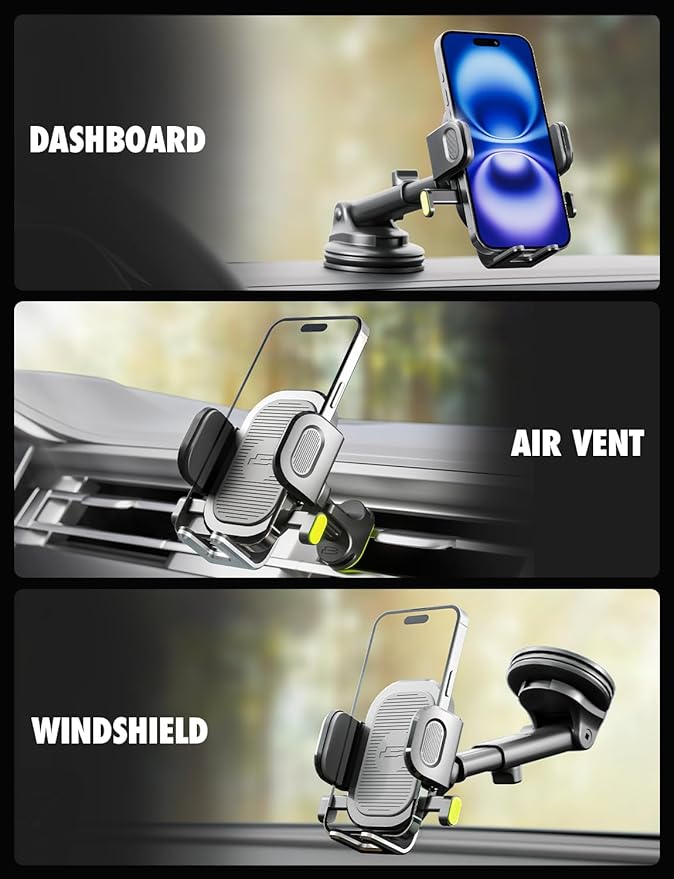 Bracketron Easy OneClick Cell Phone Holders for Your Car, Universal Car Mount Suction Cup for Dashboard Windshield Air Vent Truck Stand, for iPhone Samsung Google, All Smartphones & Car Models, Black