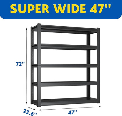 72''H Garage Shelving Heavy Duty, 3000LBS Storage Shelves, 5-Tier Adjustable Metal Shelve Storage Shelf Rack, Industrial Shelving Unit for Garage, Warehouse, Basement (47" W x 23.6" D x 72" H)