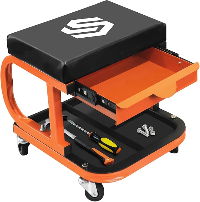 SEKAM Rolling Creeper Garage/Shop Seat, 250 LBS Capacity Padded Rolling Workshop Stool with Tool Tray Storage, Mechanic Stool for Garage, Shop, Auto Repair, Orange