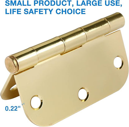 3 Pack Rounded Door Hinges 3-1/2" x 3.5 inch, 5/8 Radius, Polished Brass 3 ½ Inch Gold House Interior Hinge for Bed/Living/Guest/Pantry/Storage/Study/Work Room Doors Heavy Duty Steel Hardware Kit