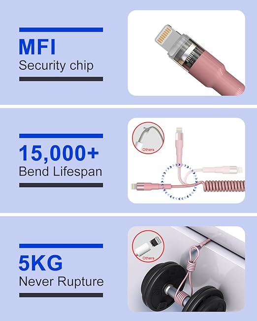 Pink Car Charger Cable - Coiled Lightning Cable for Apple CarPlay with 480Mbps Data Sync LED [MFi Certified], Fast Charging Short USB to Lightning Pink Retractable iPhone Charger Cord for Car