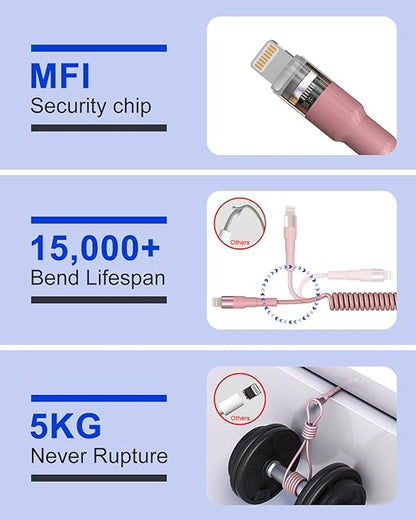 Pink Car Charger Cable - Coiled Lightning Cable for Apple CarPlay with 480Mbps Data Sync LED [MFi Certified], Fast Charging Short USB to Lightning Pink Retractable iPhone Charger Cord for Car