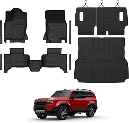 Floor Mats Set for 2024 2025 Toyota Land Cruiser Prado 5 Seats, Full Coverage All Weather Floor Mats Cargo Mat with Backrest Protectors & Door Sill Guards for Land Cruiser Accessories