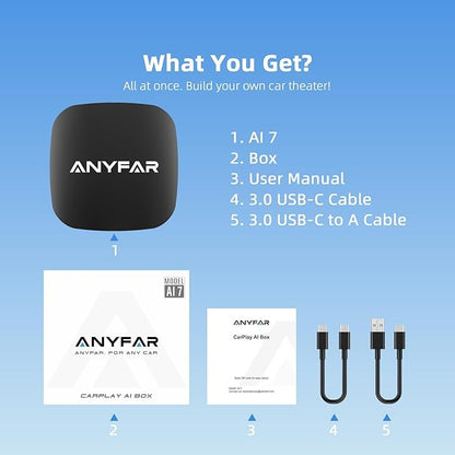 AI 7 Wireless CarPlay Adapter Android Box with YouTube Netflix TikTok Disney+, Play Store(for App Download), Supports TF Card & USB Drive, USB/Type-C, Fits for Built-in Wired CarPlay Car (32GB)