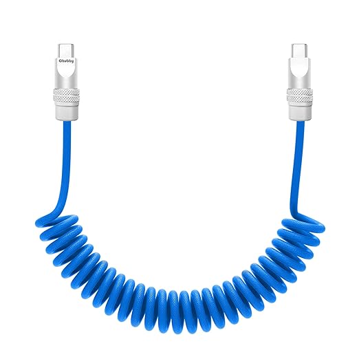 chubbycable Curly Chubby - Retractable Fast Charging Cable 240W Coiled Charger Cord for Car Durable USB-C Cable for Phones, Tablets and More, Light Blue, Type-C to Type-C, 1.3FT-2.3FT