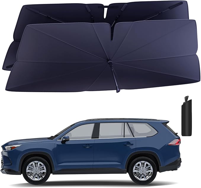 Windshield Sun Shade Umbrella for 2020-2025 Toyota Highlander Accessories: Custom Fit 240T Silver, Double Thickened, Foldable Sunshade Window Sun Visor, Ultimate 99% UV Blocking for L, LE, XLE, XSE
