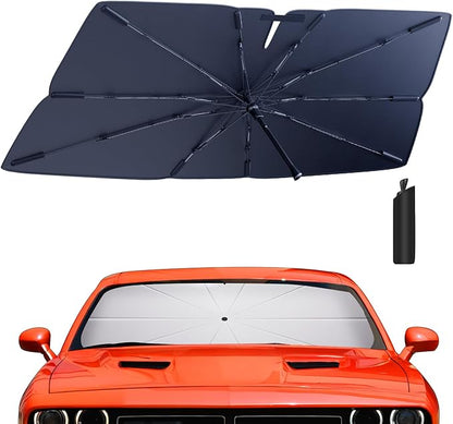 Windshield Sun Shade Umbrella for 2015-2024 Dodge Challenger Accessories: Custom Fit 210T Silver, Foldable Sunshade Front Window Sun Visor, Blocks UV Rays, Keeps Car Cool for SXT, R/T, GT, Scat Pack