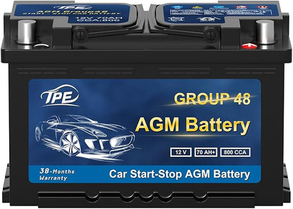 TPE AGM Battery BCI Group 48, Maintenance Free 12V 70Ah, H6 Size, 120RC, 800CCA, Automotive Battery, Reliable Performance for Cars Lead-Acid
