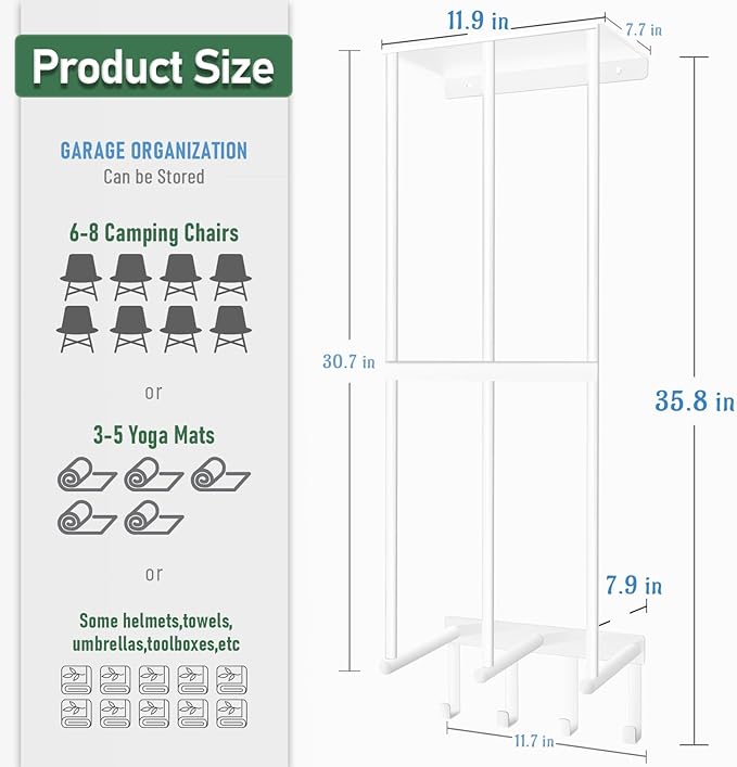 Camping Chair Wall Storage for Garage - Metal Beach Lawn Chair Rack, Garage Storage and Organization Shelves, Wall Mounted Umbrella Storage Rack Holder with Floating Shelf and 4 Hooks White