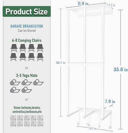 Camping Chair Wall Storage for Garage - Metal Beach Lawn Chair Rack, Garage Storage and Organization Shelves, Wall Mounted Umbrella Storage Rack Holder with Floating Shelf and 4 Hooks White