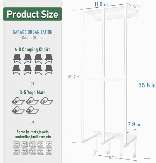 Camping Chair Wall Storage for Garage - Metal Beach Lawn Chair Rack, Garage Storage and Organization Shelves, Wall Mounted Umbrella Storage Rack Holder with Floating Shelf and 4 Hooks White