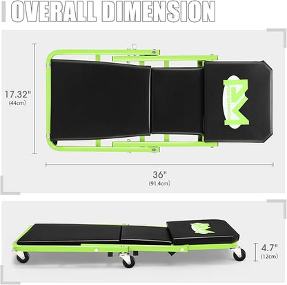 PM PERFORMOTOR 36 Inches Folding 2 in 1 Rolling Z Creeper, Adjustable Roller Garage Chair Lay Down or Sit, 6 Pcs 2" Casters, 150kg Weight Capacity, Green,PM-TOL-CPS36-GR