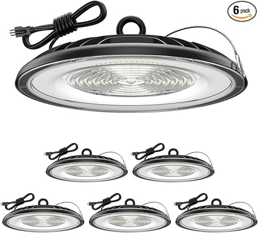 High Bay LED Shop Lights 200W - 28000LM 5000K High Bay Light IP65 Waterproof with US Plug, Hanging Hook, Safe Cable Commercial Bay Lights for Barn, Warehouse ETL Listed 6Pack