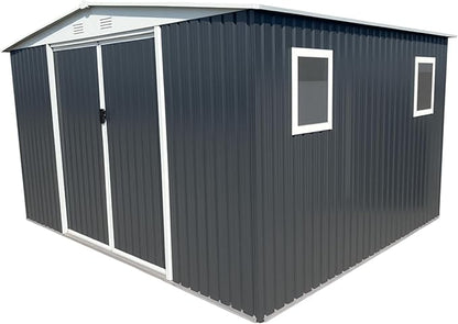 12x10 FT Outdoor Storage Shed with 4 Windows, Durable Metal Garden Sheds w/Updated Frame and Lockable Sliding Doors, Waterproof All-Weather Shelter Tool House for Backyard, Patio, Lawn, Grey