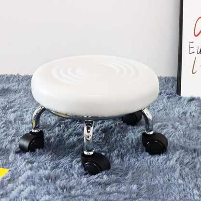 Modern PU Leather Low Round Rolling Stool - 360 Swivel with Universal Caster Wheels, Small Stool for Home Office, Garage, Shop, Fitness, Sport - H:8.4' White