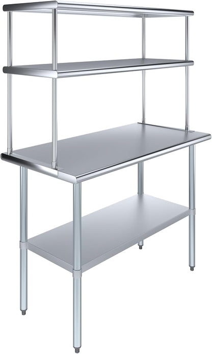Amgood Stainless Steel Work Table Double Tier Overshelf | Metal Kitchen Prep Table & Shelving Combo | NSF (24" x 48" Work Table + 18" Overshelf)