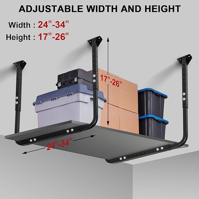 Adjustable Garage Ceiling Storage Racks, Garage Overhead Storage Bracket,Ceiling Mounted Heavy-duty Garage Storage Shelves,33 in. x 34 in,200lbs Weight Capacity, Black