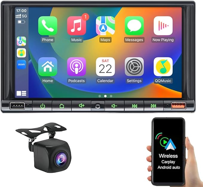 7" Wireless Double 2 Din Car Stereo Apple Carplay Radio Screen for Car Audio Receivers, Bluetooth Car Play Android Auto Touchscreen Head Unit,RCA Outputs, Backup Camera, SWC, FM/AM