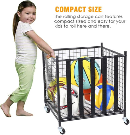 Snail Garage Sports Equipment Storage Organizer Sports Ball Storage Rolling Cart with Basket and Hooks Lockable Sports Ball Cage Storage Rack for Garages, Playgroup, Gym and Schools, Black